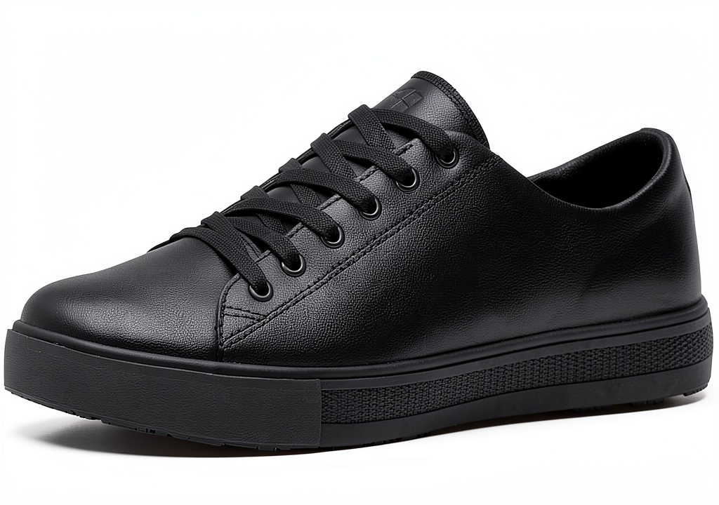 Shoes for Crews baskets de travail noires et blanches sur un sol professionnel