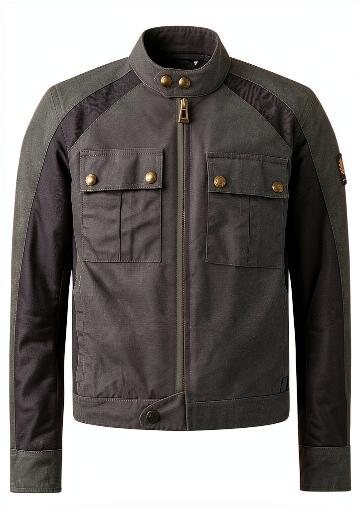 'Blouson Belstaff Temple porté par un motocycliste sur route'